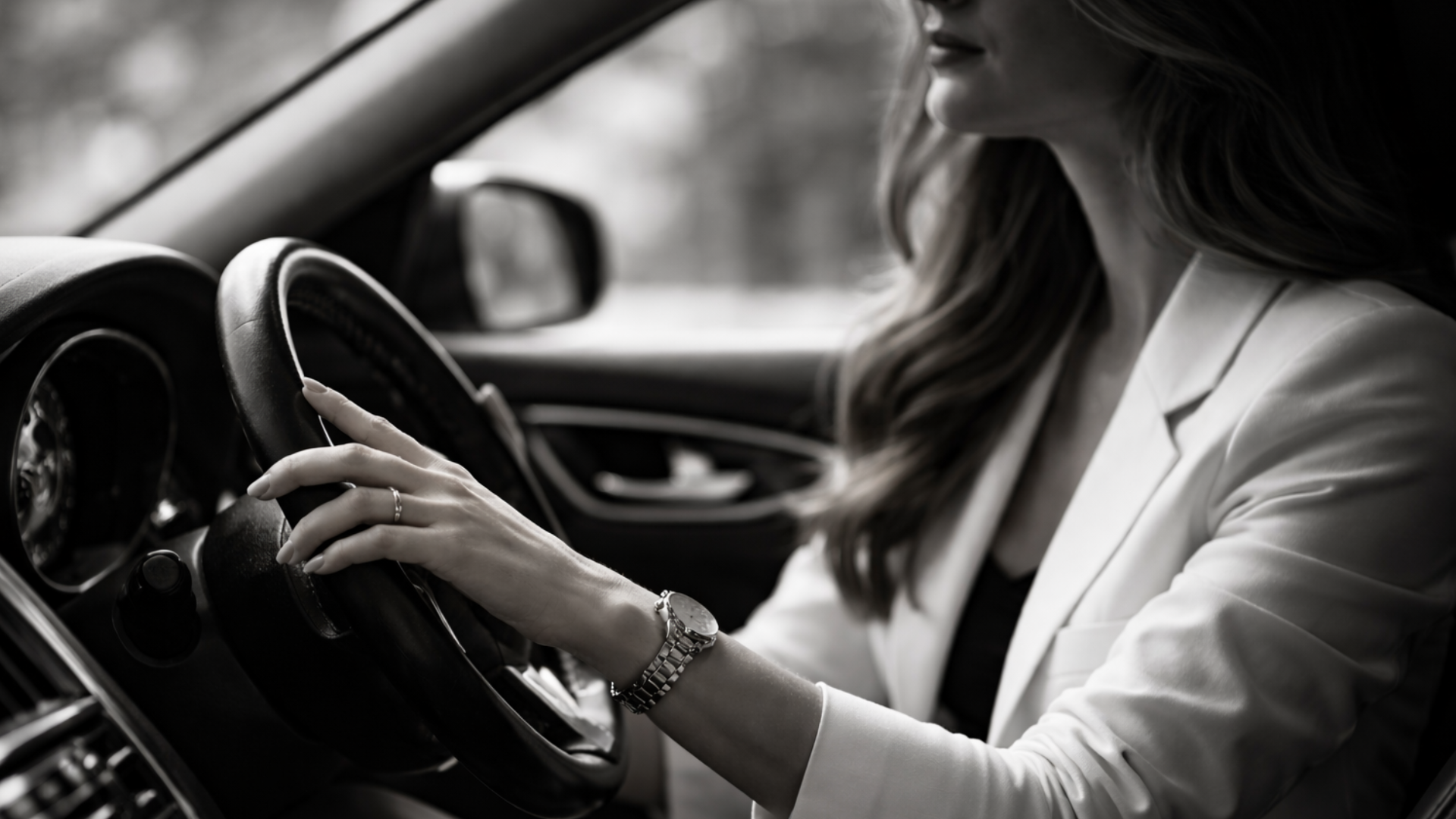高級車のハンドルを握る女性の手元のモノクロ写真